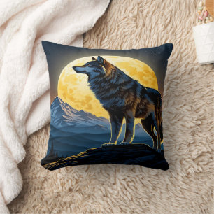 Majestic Wolf Against Moonlit Peaks. Throw Pillow