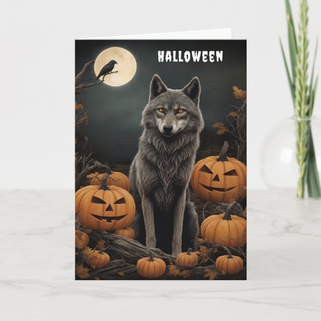 Majestic Wolf and Pumpkins Under the Moonlight Invitation (Front)