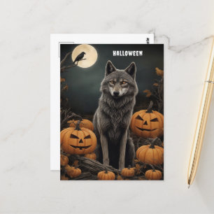 Majestic Wolf and Pumpkins Under the Moonlight Postcard