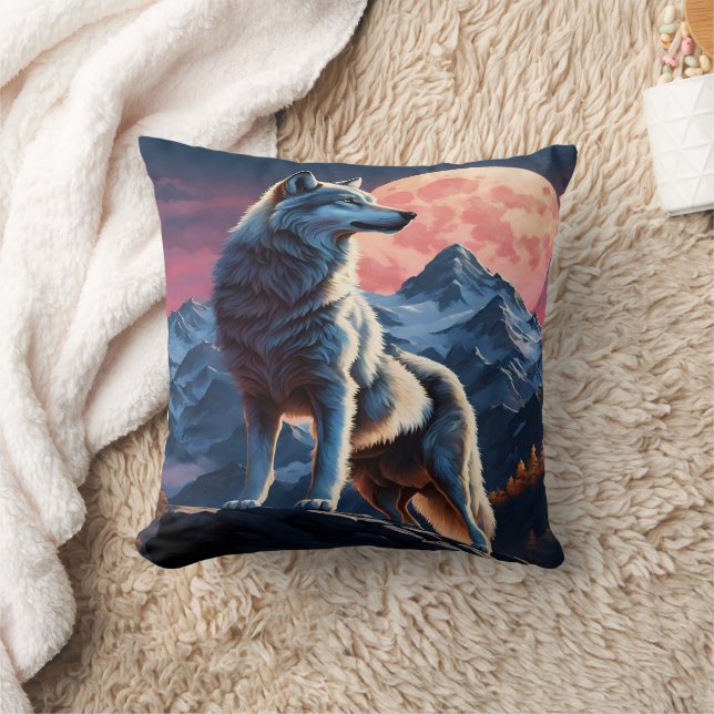 Majestic Wolf Beneath Full Moon.  Throw Pillow (Blanket)