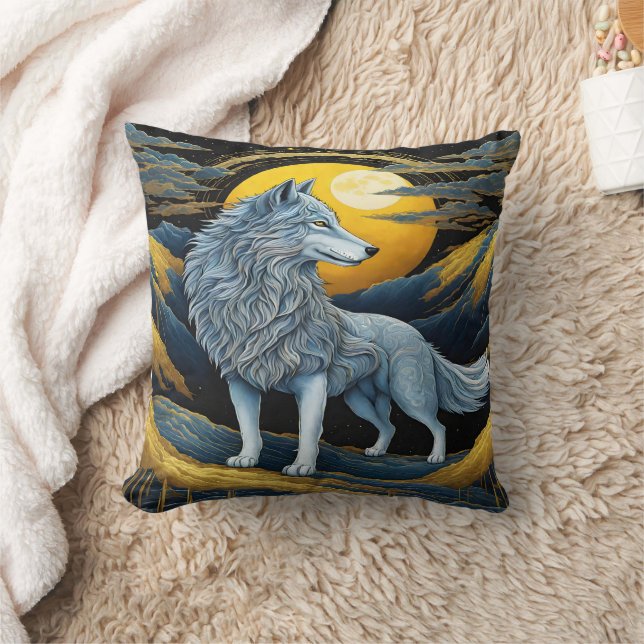 Majestic Wolf Beneath Moonlit Mountains Throw Pillow (Blanket)