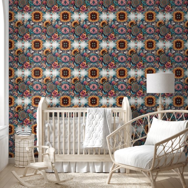 Majestic Wolf & Boho Sunflowers Wallpaper (Kids)