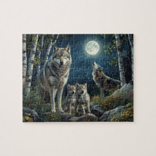 Majestic Wolf Family Full Moon Birch Forest Jigsaw Puzzle