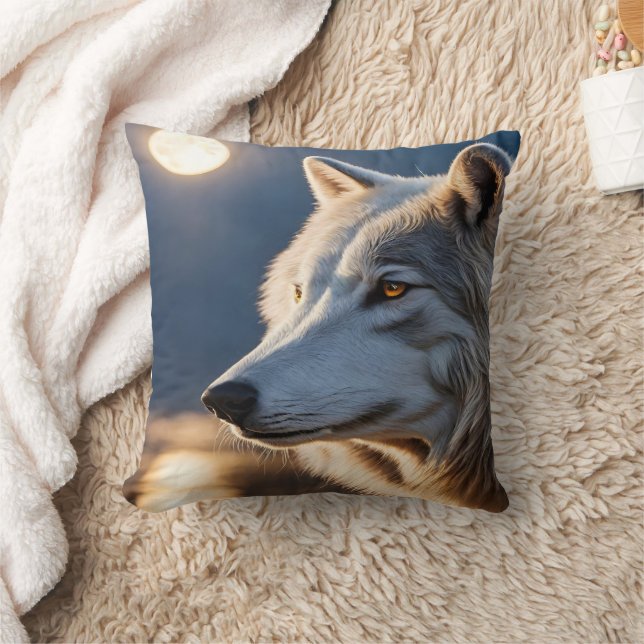 Majestic Wolf Gazing at Full Moon Reflection Throw Pillow (Blanket)