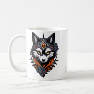Majestic wolf head, finished in a deep, coffee mug