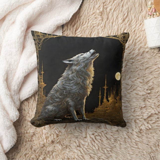 Majestic Wolf Howling at a Distant Moonlit City Throw Pillow (Blanket)