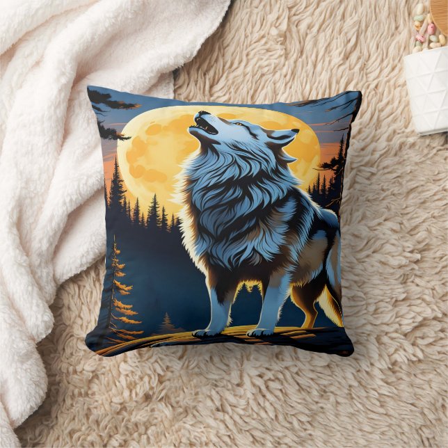 Majestic Wolf Howling at Moon. Throw Pillow (Blanket)