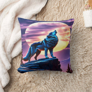 Majestic Wolf Howling at Moonlight. Throw Pillow