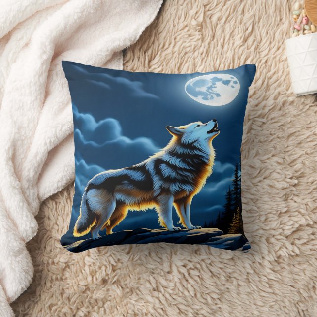 Majestic Wolf Howling at Moonlight.  Throw Pillow (Blanket)
