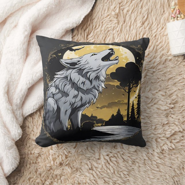 Majestic Wolf Howling at Moonlight. Throw Pillow (Blanket)