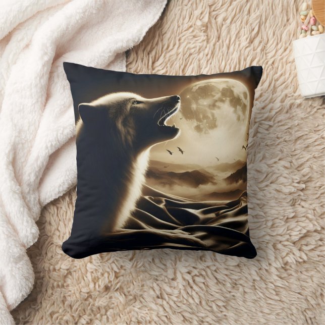 Majestic Wolf Howling at Night.  Throw Pillow (Blanket)