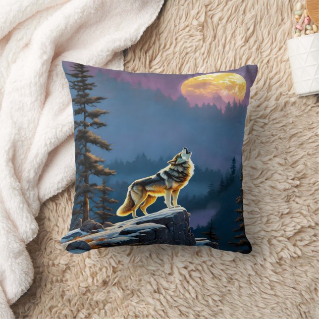 Majestic Wolf Howling Beneath Full Moonlit Sky Throw Pillow (Blanket)