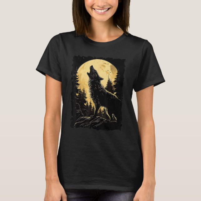 Majestic Wolf Howling Full Moon Light Night Sky Wo T-Shirt (Front)
