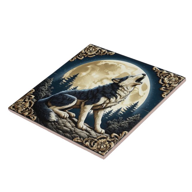 Majestic Wolf Howling Under a Full Moon at Night Tile (Side)