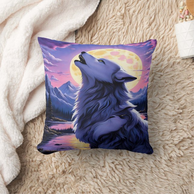 Majestic Wolf Howling Under a Full Moon Throw Pillow (Blanket)