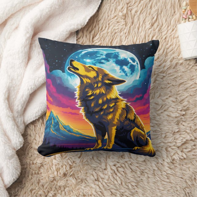 Majestic Wolf Howling Under a Full Moon Throw Pillow (Blanket)
