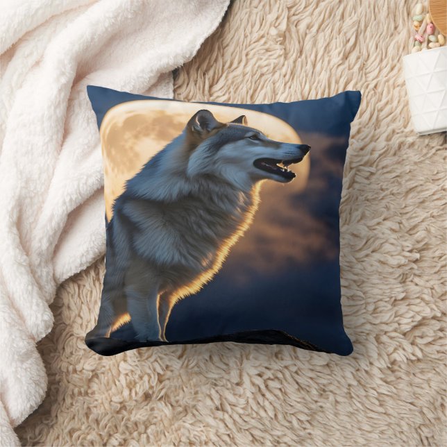 Majestic Wolf Howling Under a Full Moon Throw Pillow (Blanket)