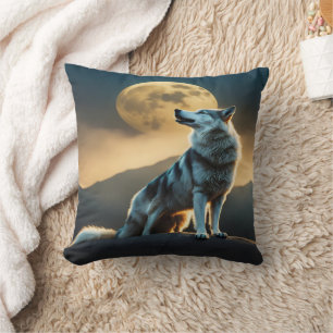 Majestic Wolf Howling Under Full Moon at Dusk Throw Pillow