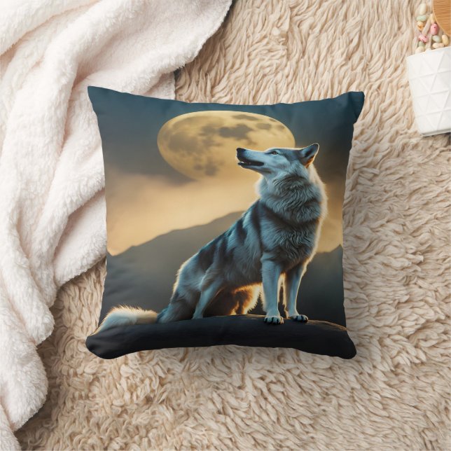Majestic Wolf Howling Under Full Moon at Dusk Throw Pillow (Blanket)