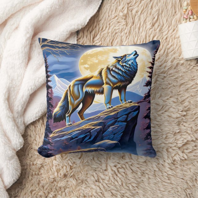 Majestic Wolf Howling Under Full Moonlight Throw Pillow (Blanket)