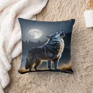 Majestic Wolf Howling Under Full Moonlight Throw Pillow