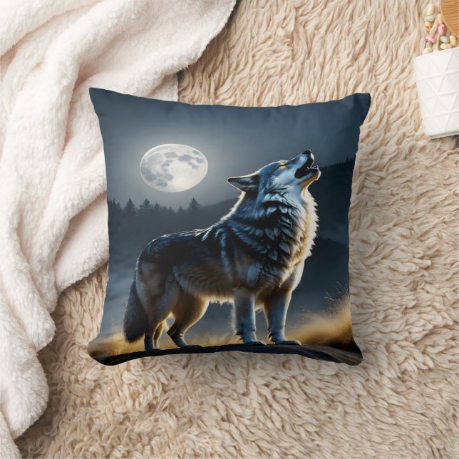 Majestic Wolf Howling Under Full Moonlight Throw Pillow (Blanket)