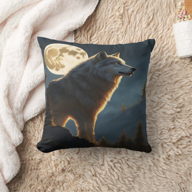 Majestic Wolf Howling Under Full Moonlight Throw Pillow (Blanket)