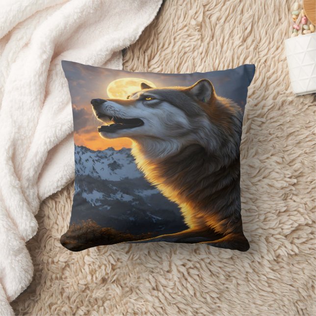 Majestic Wolf Howling Under Moonlit Sky Throw Pillow (Blanket)