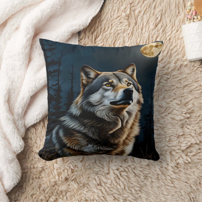 Majestic Wolf Howling Under Moonlit Sky Throw Pillow (Blanket)