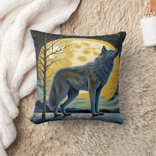Majestic Wolf Howls Under Full Moon at Night Throw Pillow