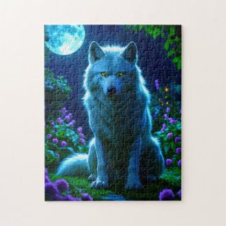 Majestic Wolf in Mystical Moonlit Garden Jigsaw Puzzle