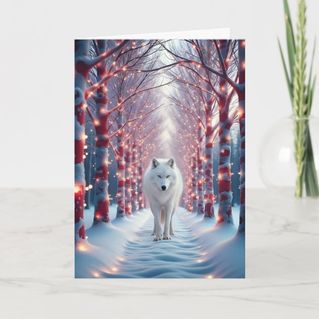 Majestic Wolf in Snowy Holiday Forest Card (Front)
