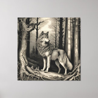 Majestic Wolf in Vintage Forest Etching Canvas Print