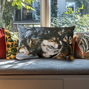 Majestic Wolf Pack Winter Snow Forest Wildlife Lumbar Pillow