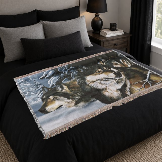 Majestic Wolf Pack Winter Snow Forest Wildlife Throw Blanket (Creator Uploaded)