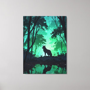 Majestic Wolf Silhouette in Mystical Green Forest Canvas Print