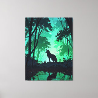 Majestic Wolf Silhouette in Mystical Green Forest  Canvas Print