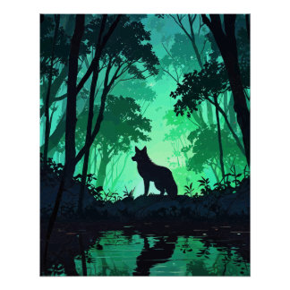 Majestic Wolf Silhouette in Mystical Green Forest  Poster