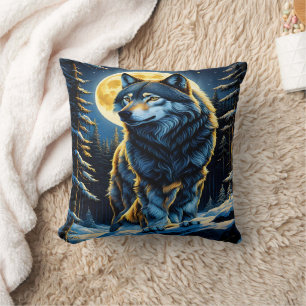 Majestic Wolf Under Full Moon. Throw Pillow