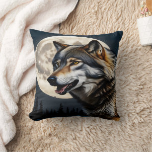 Majestic Wolf Under Full Moon. Throw Pillow