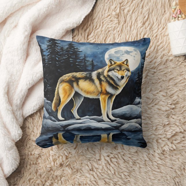 Majestic Wolf Under Full Moonlight Throw Pillow (Blanket)