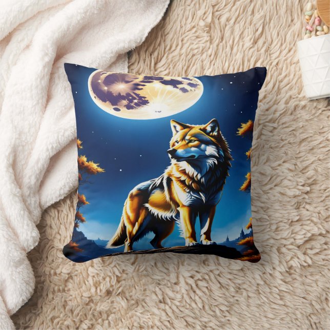 Majestic Wolf Under Glowing Full Moon Throw Pillow (Blanket)