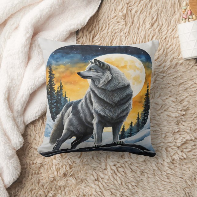 Majestic Wolf Under Moonlit Sky. Throw Pillow (Blanket)