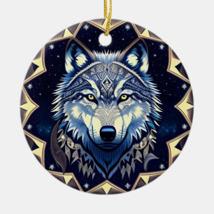 Majestic Wolf Under Starry Sky Ceramic Ornament