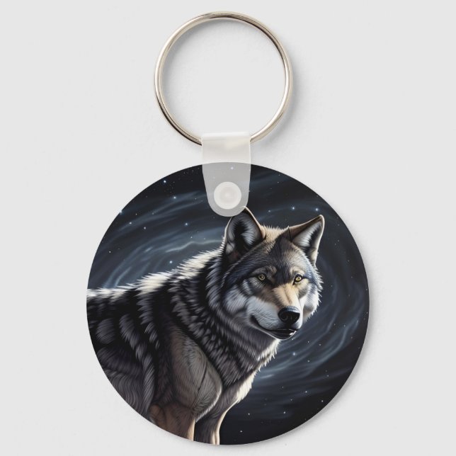 Majestic Wolf Under Starry Sky Keychain (Front)