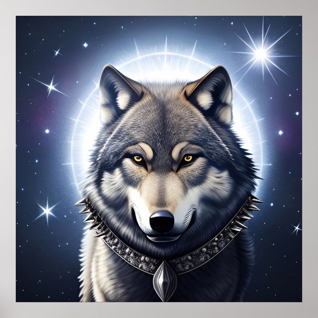 Majestic Wolf Under Starry Sky Poster (Front)