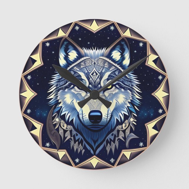 Majestic Wolf Under Starry Sky Round Clock (Front)