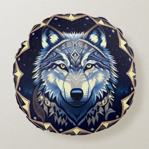 Majestic Wolf Under Starry Sky Round Pillow