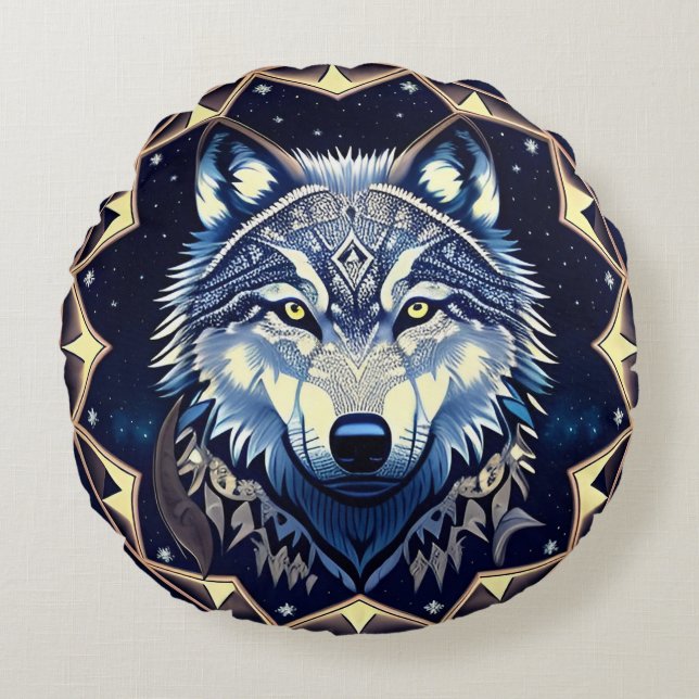 Majestic Wolf Under Starry Sky Round Pillow (Front)