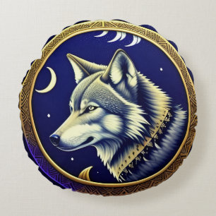 Majestic Wolf Under Starry Sky Round Pillow